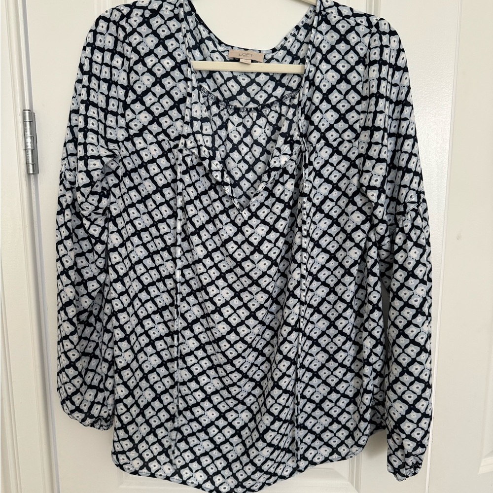 LOFT Blue and White Geometric Blouse
